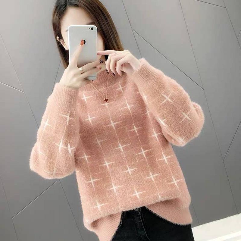 Pofulove Women Winter Warm Mohair O-Neck Pullover Sweaters Long Sleeve Loose Sweater Knitted Tops
