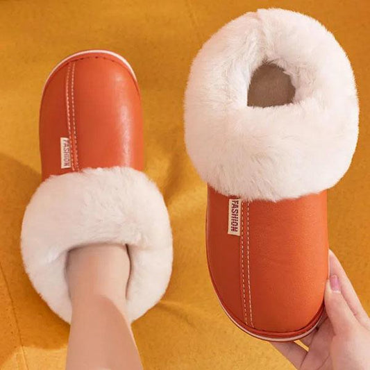 Autumn and Winter Couple Lover's Cotton Slippers PU Leather Waterproof Indoor Household Non-slip Home Warm Cotton Shoes