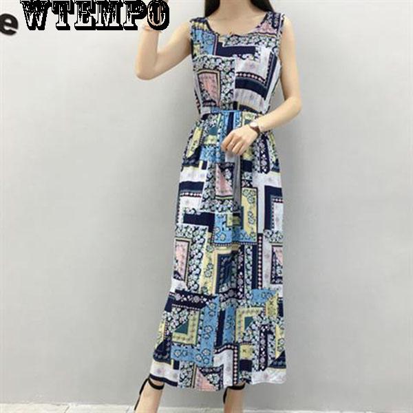 WTEMPO Floral Beach Holiday Skirt Sleeveless Long Skirt Female Summer Bohemian Print Beach Dress