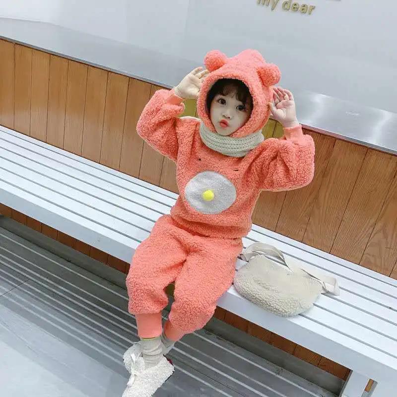 Baby Winter Girl Suit Cotton Coat Lamb Wool Plus Velvet Thickened Western Style Warm Children's Two-piece Cotton Jacket Coats