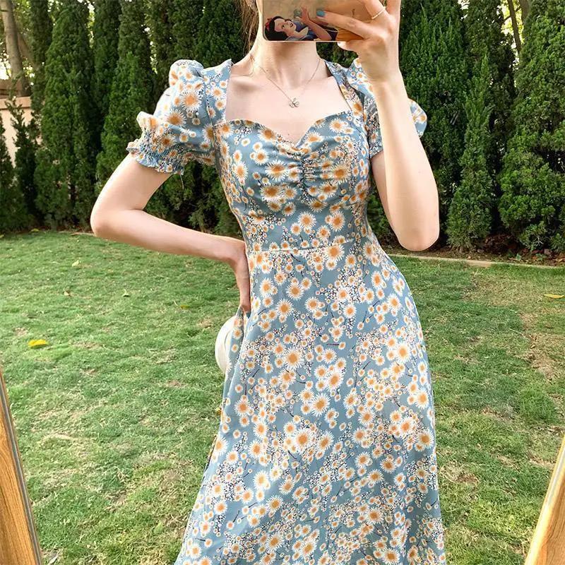 Women's Summer Floral Skirt Puff Sleeve Mid Length Slit Square Neck Dress