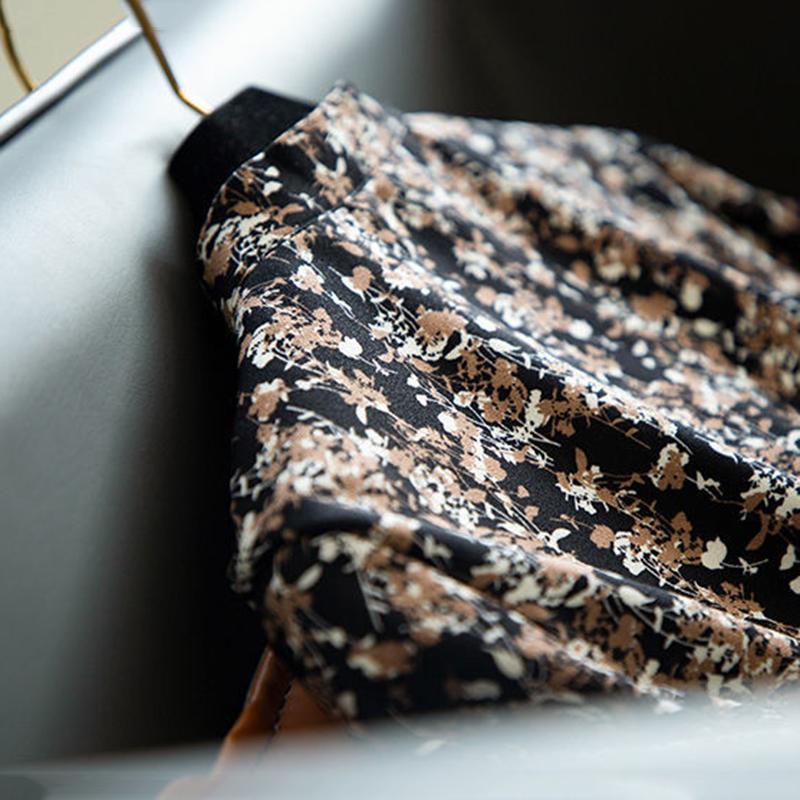 Chiffon Floral Long-sleeved Dress Women's Spring and Autumn Dress Waist Slim Temperament Retro Light Familiar Style Pleated Long Skirt