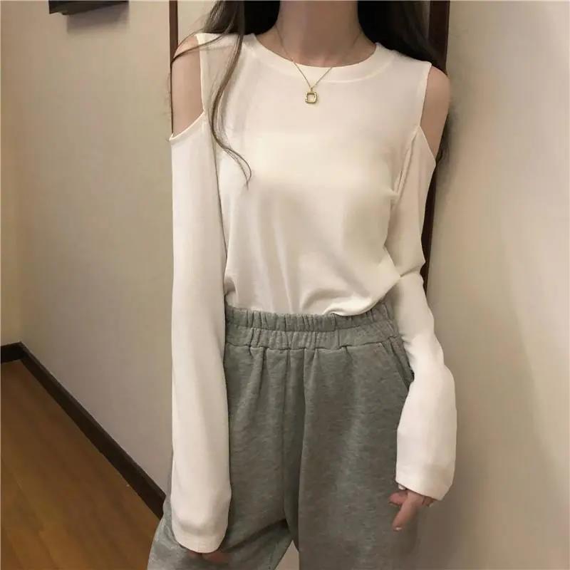 Off Shoulder T Shirt Casual Loose Clothes Tops Pure color Leisure Long Women pullover