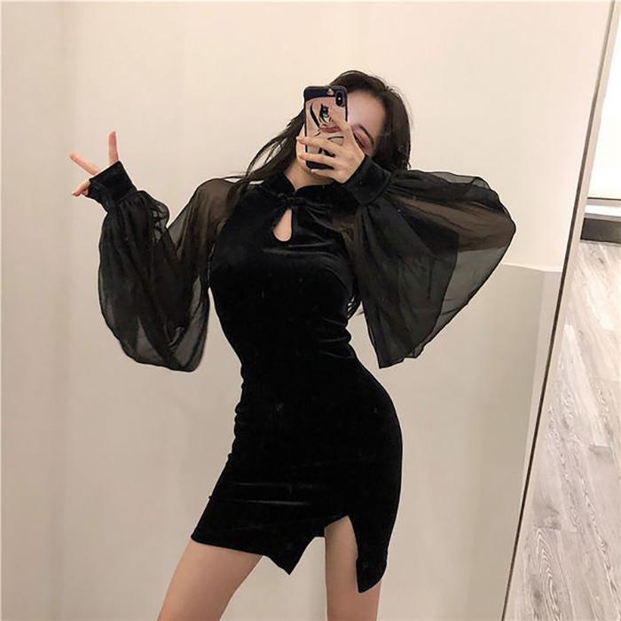 Sexy Woman Velvet Chiffon Lantern Long Sleeve Hollow Out Stand-up Collar Split Fork Cheongsam Nightclub Bar Party