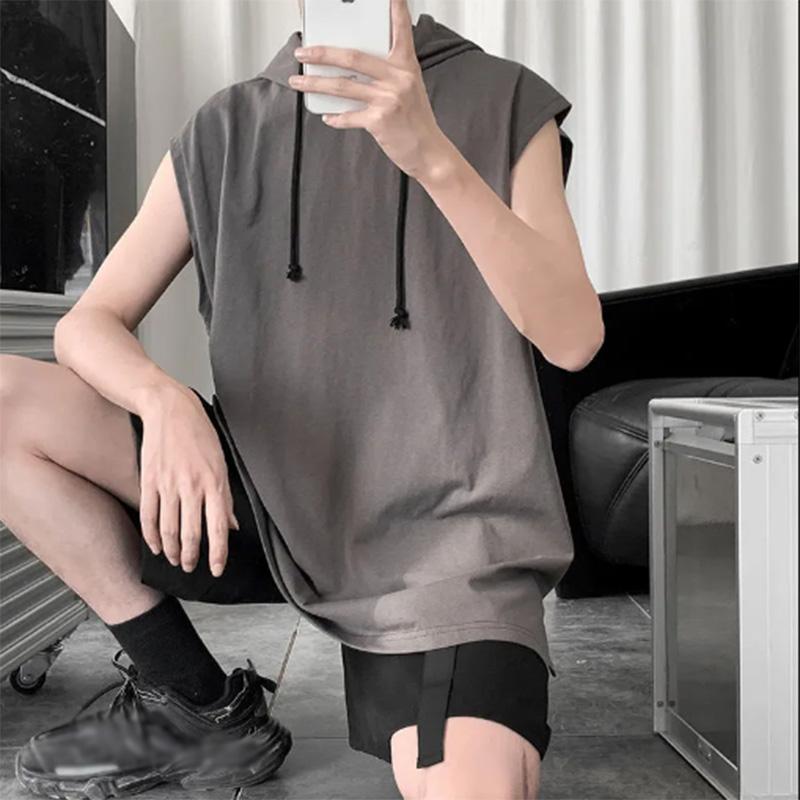 Summer Solid Color Hooded Vest Men's Trendy Loose Waistcoat Slit All-match Sports Hoodie Vest