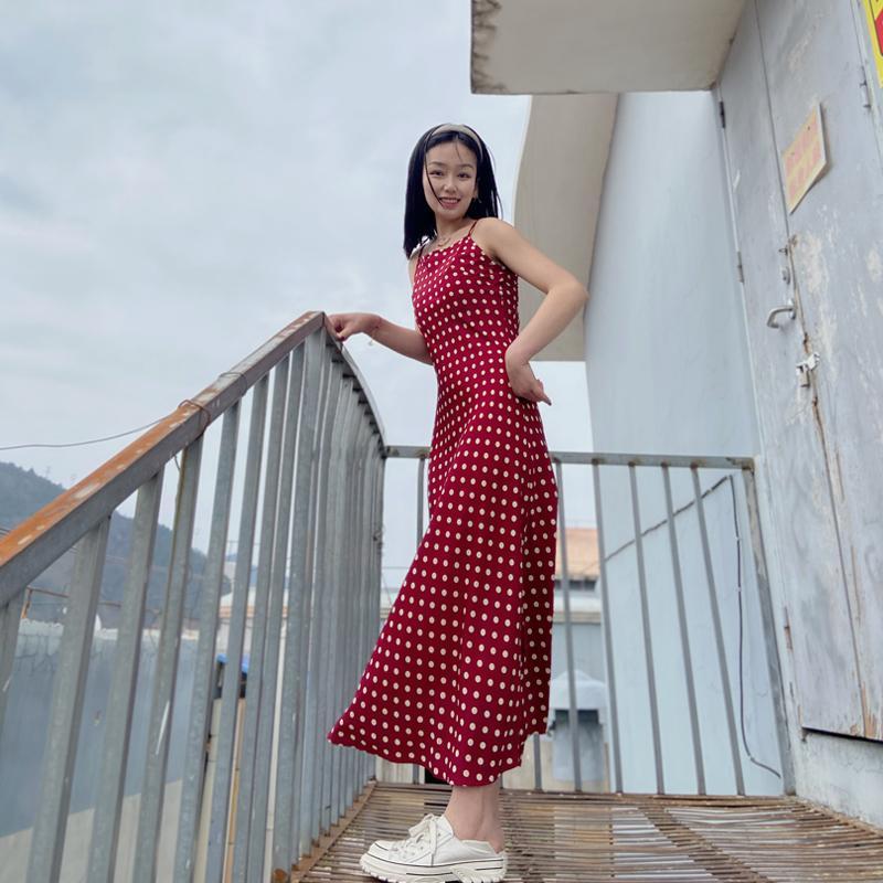 Polka Dot Suspenders Dress Women Summer Long Over The Knee  A-line Skirt