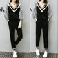 Spring and Autumn Plus Size Women's Clothing Slimming Harem Pants Two-piece Age-reducing Suit Long-sleeved V-neck Shirt + Casual Elastic Trousers