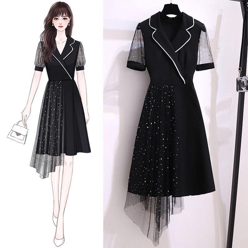 Women Plus Size Dress Lace Mesh Splicing Irregular Dress Mid-length Sequins A-line Party Dress
