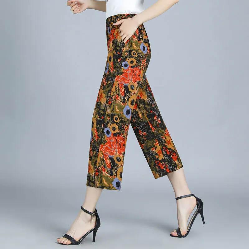 Women's Pants Summer Thin Cotton Silk Nine-point Pants Elastic Waist Casual Straight Eight-point Pants Comfortable Loose Breathable Trousers