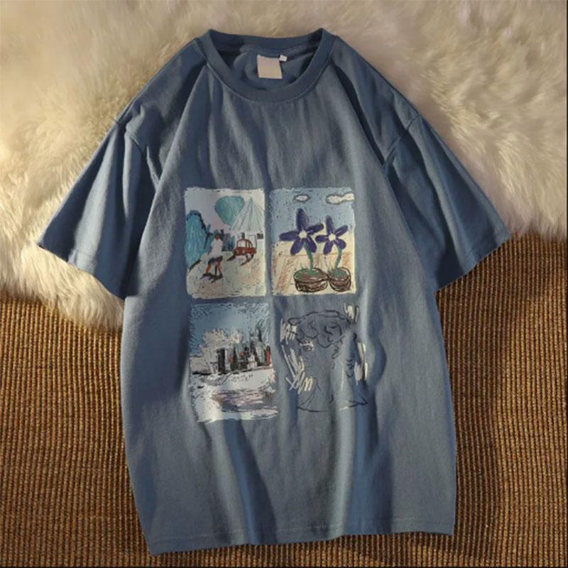 Retro Short-sleeved T-shirt Female Spring Autumn Summer Student Korean Version Loose Wild Half-sleeved Couple Ins Top Tide