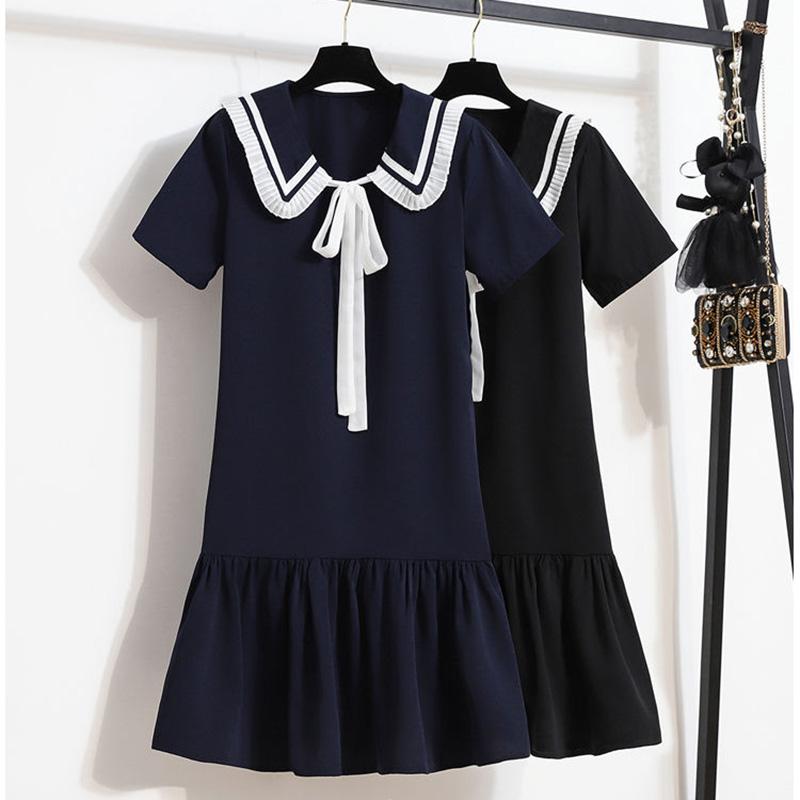 Sailor Collar Navy Dress Sweet Bow-knot Girl Retro Style Student Girls Knee-length Solid Color Dress