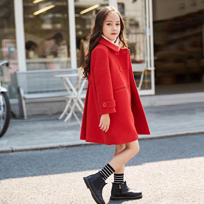 Festive Christmas Clothes Girls Coat Children's Woolen Coat Mid-length Red Fashion Thick Winter Clothes