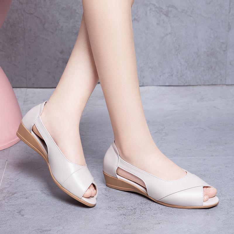 Summer Soft Leather Sandals Women's Tendon Bottom Wedge Sandals Soft Bottom Comfortable Beach Fish Mouth Shoes