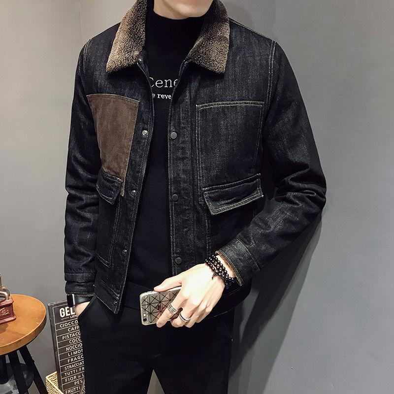 Winter Men's Denim Jacket Plus Size Korean Trend Warm Lamb Fur Collar Plus Velvet Thick Slim Jacket