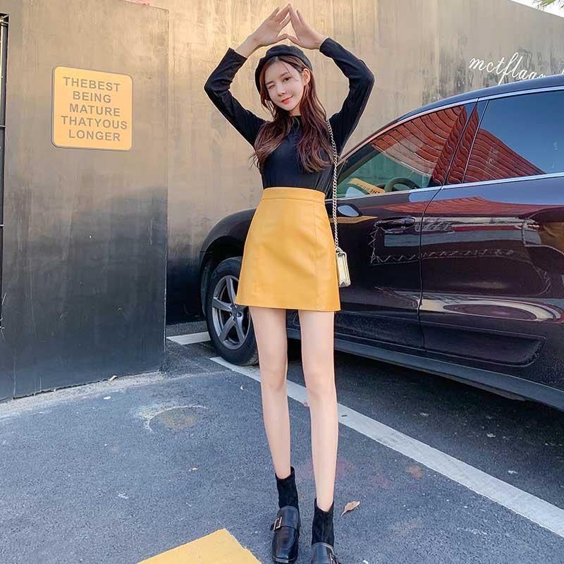 Sexy Leather Skirt Glossy PU Leather Women's Short Solid Zipper Mini Skirt Mid Waist A-line Skirts