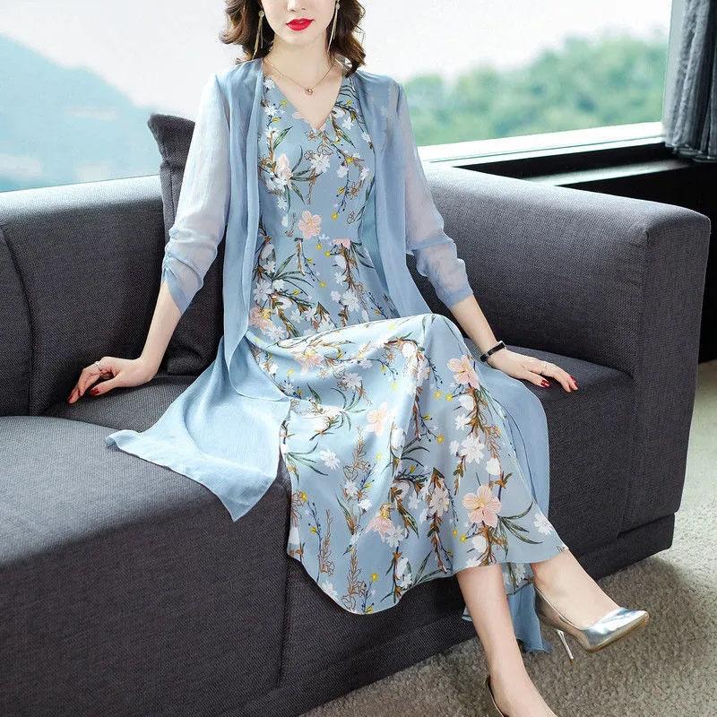Chiffon Dress Tulle Long Cardigan Two-piece Set Women's Summer Sleeveless Floral Priting Dress+Sunscreen Thin Coat Elegant Anti-UV Sun Dress Suit