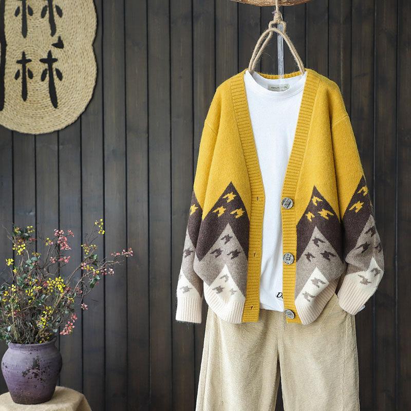 Color Matching Jacquard Knitted Sweater Cardigan Casual Versatile Knitted Sweater Jacket V-neck Long-sleeved Warm Retro Style