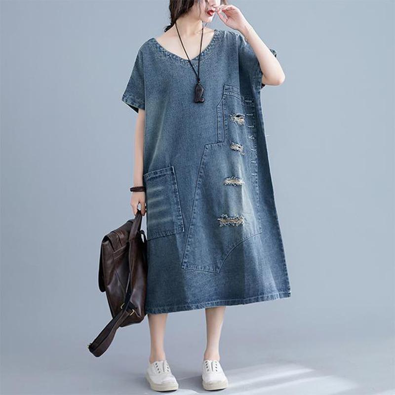 WTEMPO Loose Mid-length Frayed Dress Loose Literary Plus Size Summer Dress Denim Dress with Ripped V-neck