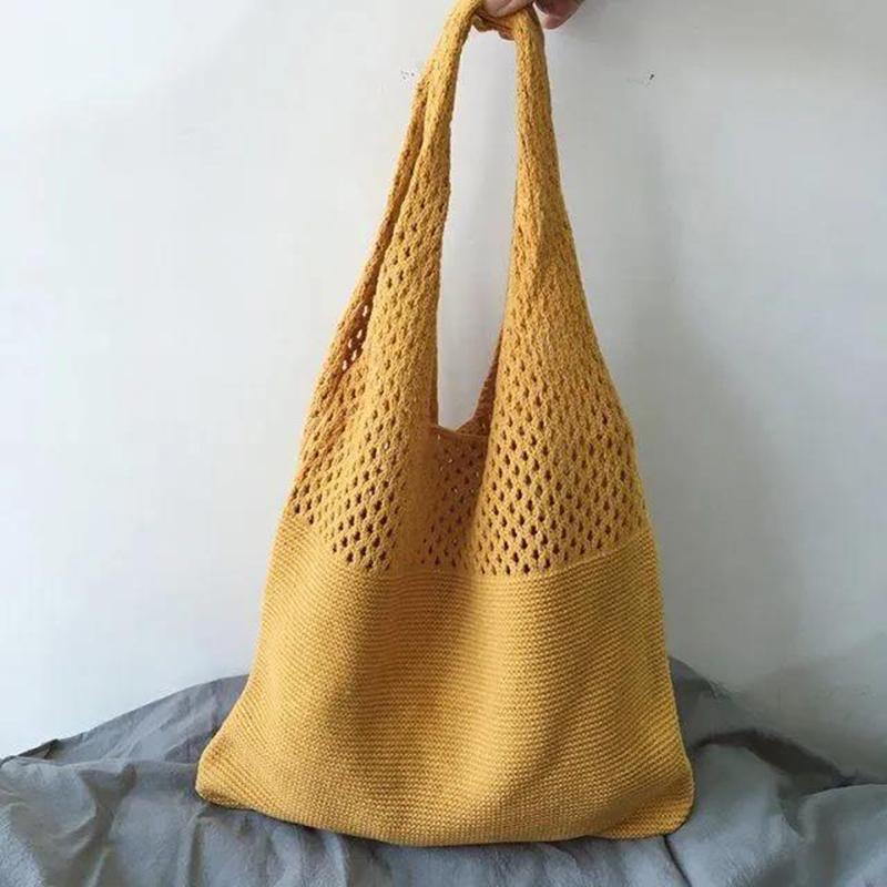 Women Casual Hollow Woven Shoulder Bag Knitted Handbags Large Capacity Vintage Tote Bags