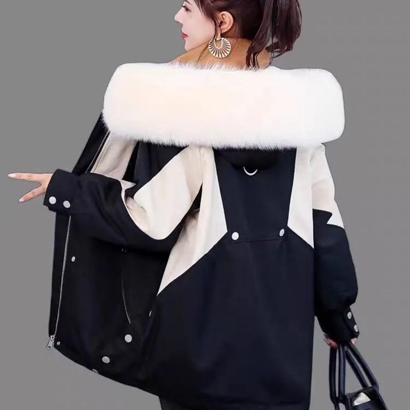 Women's Winter Plus Velvet Thickened Mid-length Coat Sequin Stitching Pie To Overcome Cotton-padded Clothes Wool-collar Loose Warm Jacket