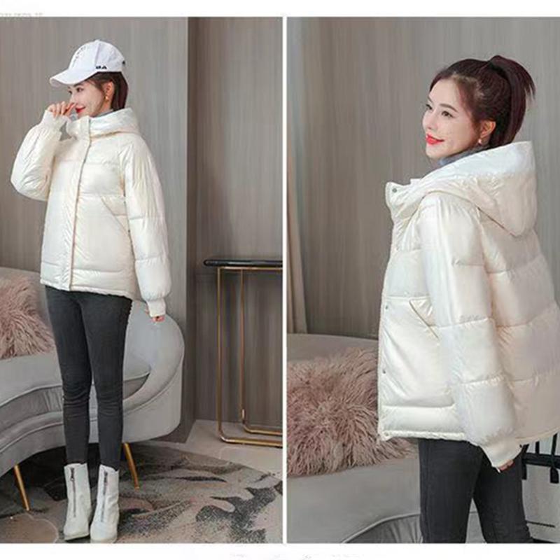 Women's Bright Short Down Jacket Winter Korean Loose Quilted Jacket Casual Stand-up Collar Hooded Down Jacket Quilted Jacket