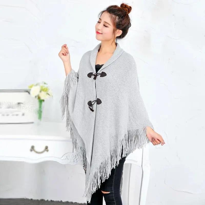 Autumn Outer Wear Shawl Cloak-style Cardigan with Buckle Loose Jacket Women's Autumn and Winter Mid-length V-neck Knitted Cloak