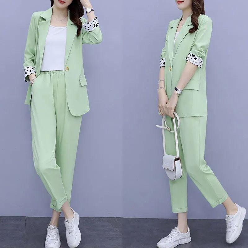 2PCS Women's Solid Color Suits Set Spring and Autumn Suit Thin Jacket + Loose Casual Pants Two-piece Large Size Fat Girl Slimming Suit