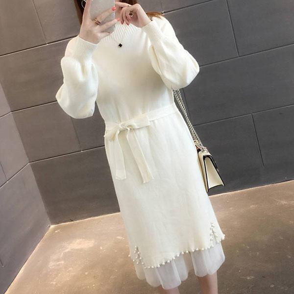 Women's Autumn and Winter Mid-length Half High Collar Pearl Two-piece Sweater Solid Color Mesh Splicing Belt Knitted Dress
