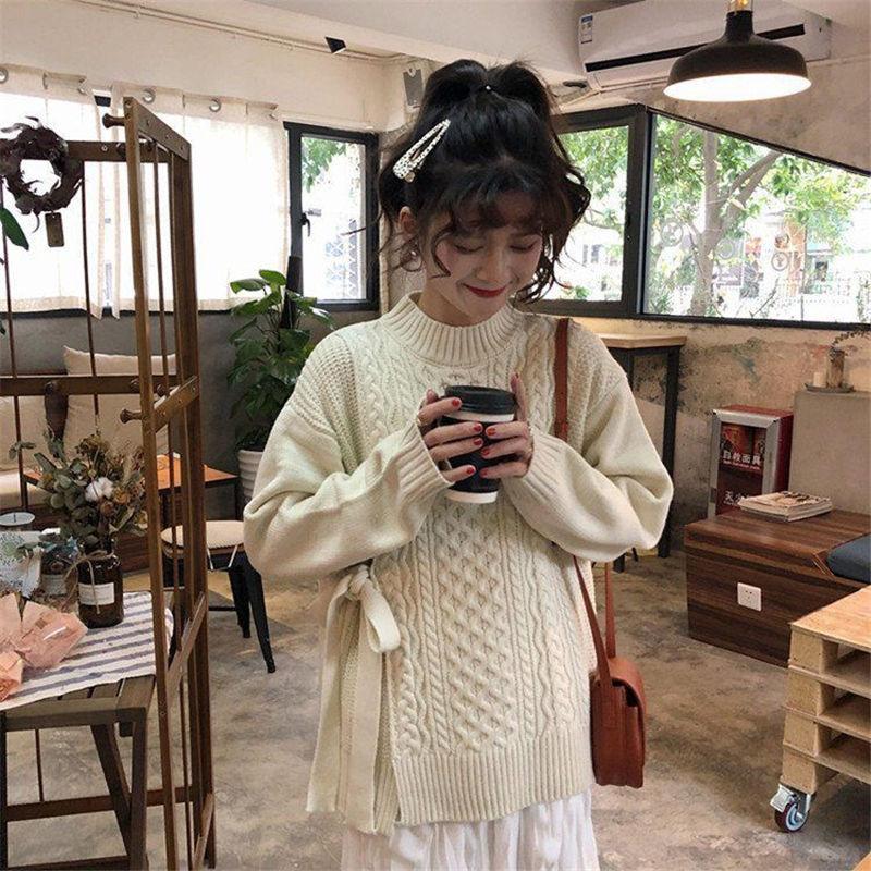All-match Loose Autumn  Winter Twist Sweater Knit Sweater Casual Female Students Long-sleeved Design Sense Split