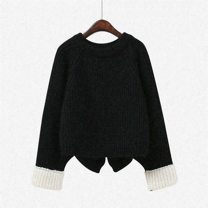 Long Sleeve White Cuffs Knitted Shirt O-Neck Loose  Blouse Simple Color Christams