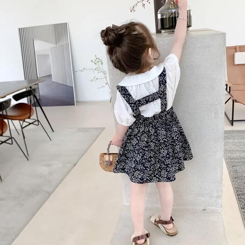 2PCS Children Clothing Set Spring Summer Girls Suits Broken Flowers Short Sleeve Tops + Braces Skirt Clothing Set