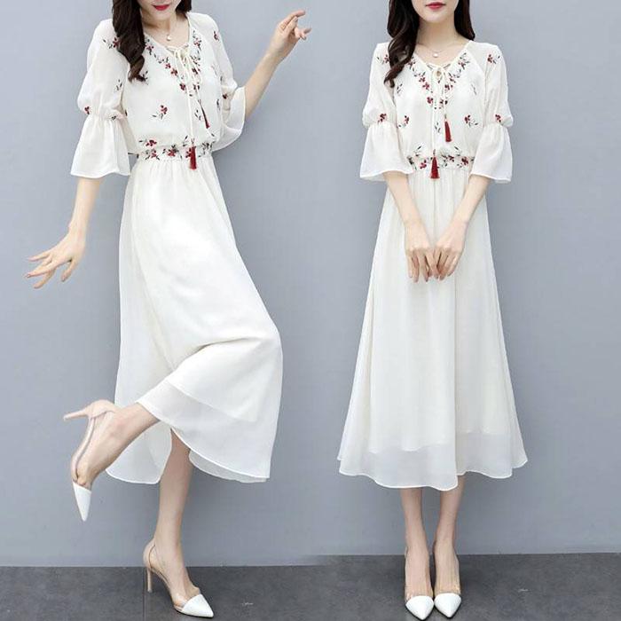 Pofulove XS-3XL Women Floral Chiffon Dress Office Lady Slim Short-sleeved V-neck A-line Beach Dress