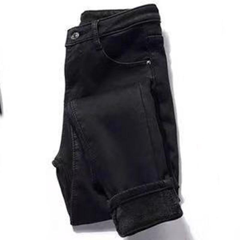 Winter High-waisted Plus Velvet Thickened Jeans Women's Stretch Solid Color Plus Size Slimming Plus Cotton Warm Feet Trousers