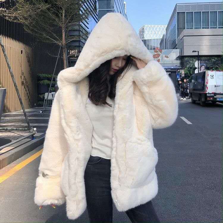 Korean Version of Loose Thick Plush Jacket Women's Hoodie Imitation Rex Rabbit Fur Mid-length Fur Coat Winter