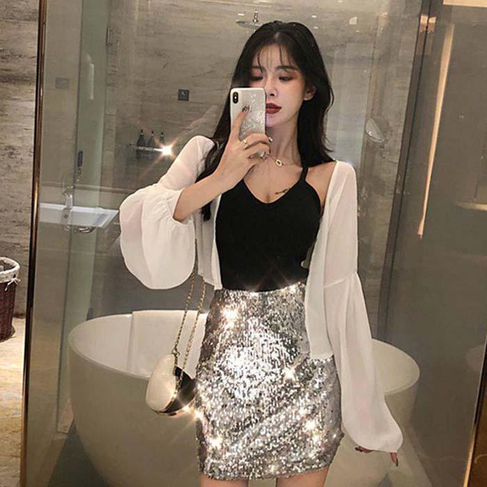 M-4XL  Women Anti-light Sequin Skirt High Waist Slim Thin Sexy Bundy Mini A-line Step Skirt