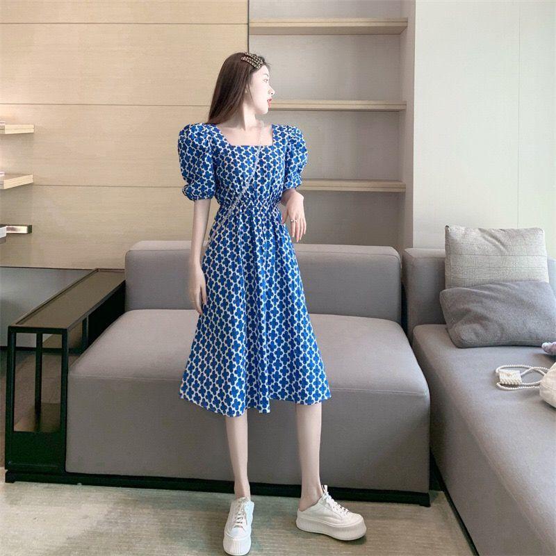 Women's Summer French Elegant Blue Square Shoulder Bubble Sleeve Backless Floral Design Niche Dress