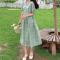 Female Lace Stitching Doll Collar Plaid Short Sleeve Holiday Dress High Waist Slim Vintage Elegant A-line Dress