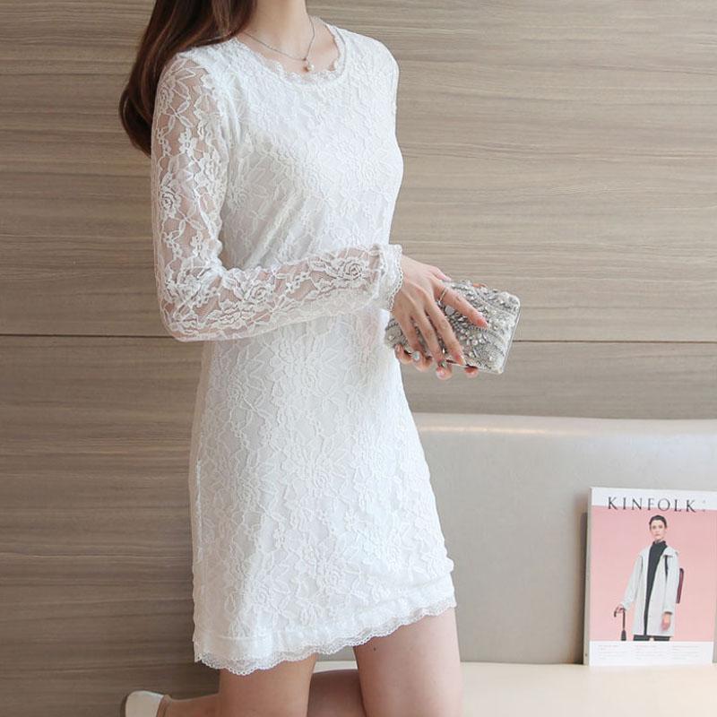 Large Size Lace Dress Women Long Sleeve Midi Skirt Slim Elegant Bottoming Skirt Summer Long
