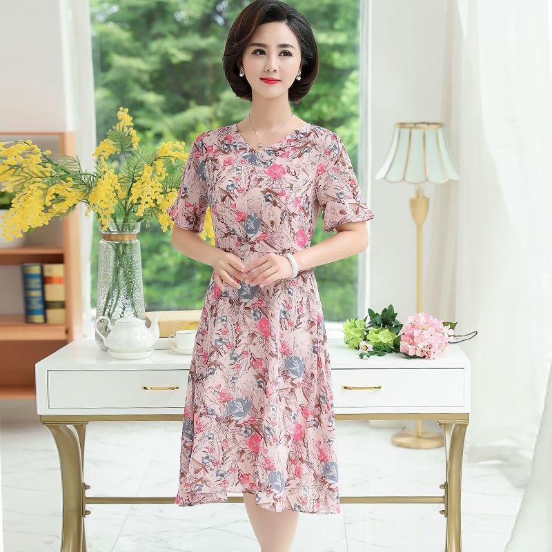 Summer Chiffon Dress Short-sleeved Round Neck Temperament Women's Knee-length Skirt Fabric Light and Breathable Ladies A-line Dress