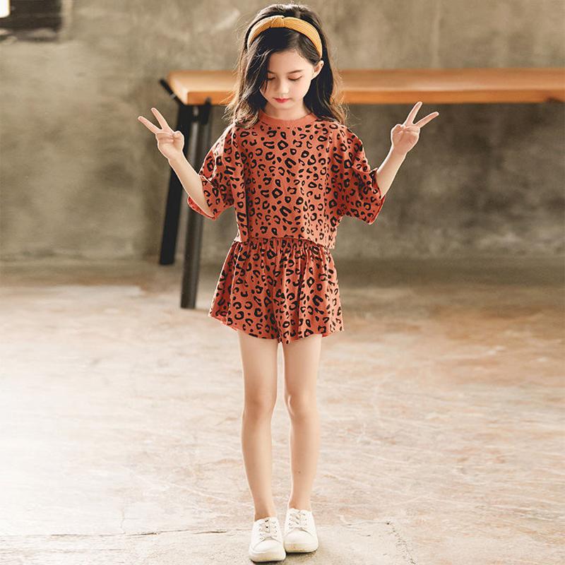 Girls' Summer Suits Leopard Print Middle and Large Children's Clothes T-shirts, Shorts Cotton Two-piece Student Suits
