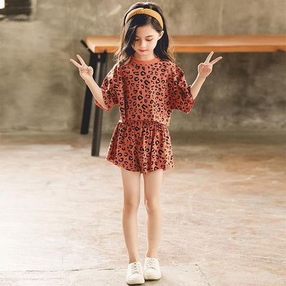 Girls' Summer Suits Leopard Print Middle and Large Children's Clothes T-shirts, Shorts Cotton Two-piece Student Suits