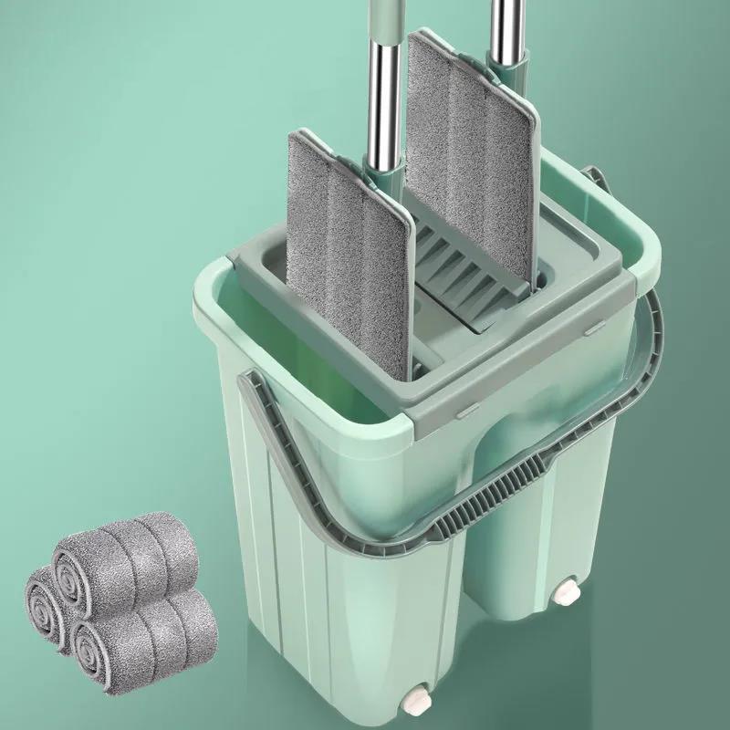 Floor Mop Bucket Hand Free Household Automatic Flat Floor Mop Kitchen Home Wooden Floor Cleaning Microfiber Pads