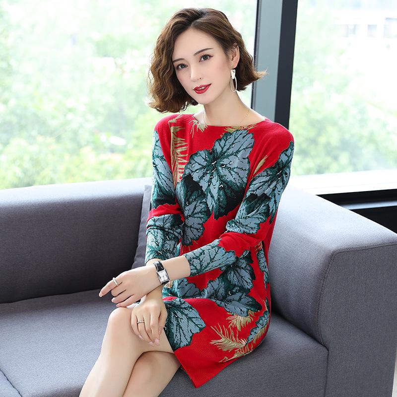 Floral Print  Knit Dress Women Long Sweaters Casual Long Sleeve Loose Pullover Soft Jumper Autumn Winter Knitted Sweaters Dress