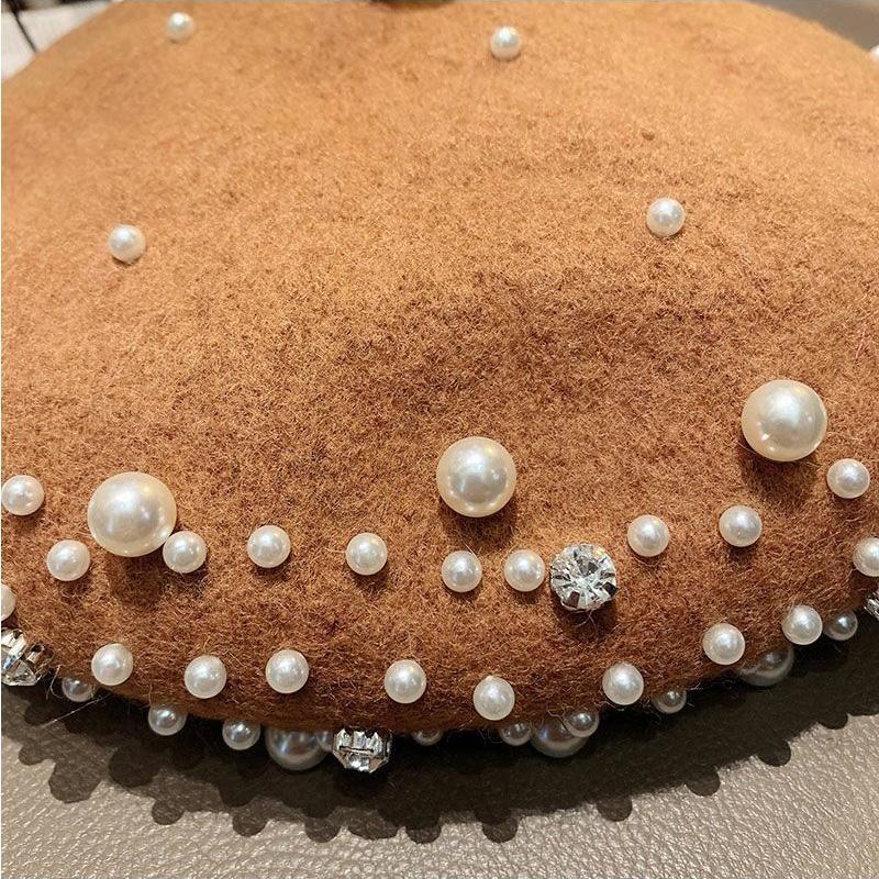 Women's Wool Beret Autumn Casual Pearl Rivet Solid Color Beret