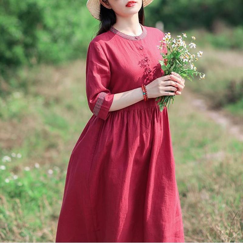 M-XXXXL Plus Size Ethnic Style Dress Linen Print Retro Cheongsam Round Neck Button Closure Dress with Belt
