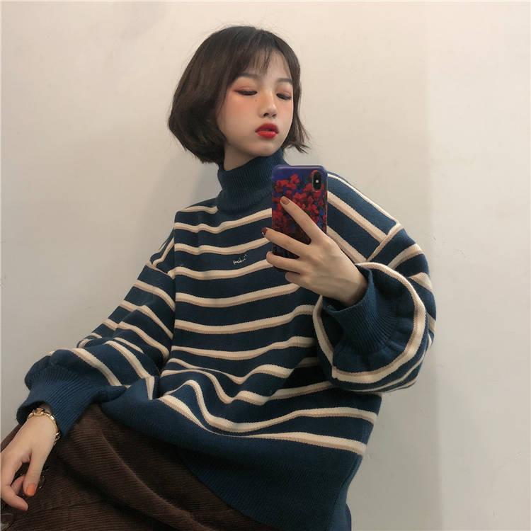 PofuloveThick Color-matching Turtleneck Female Students Winter Loose Pullover Striped Knit Jacket