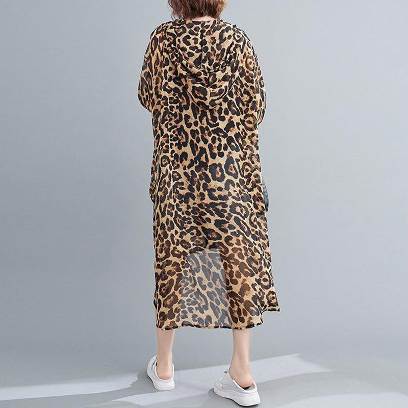 WTEMPO Large Size Chiffon Leopard Print Coat Long-sleeved Irregular Mid-calf Length Sun Protection Clothing Zipper Hooded