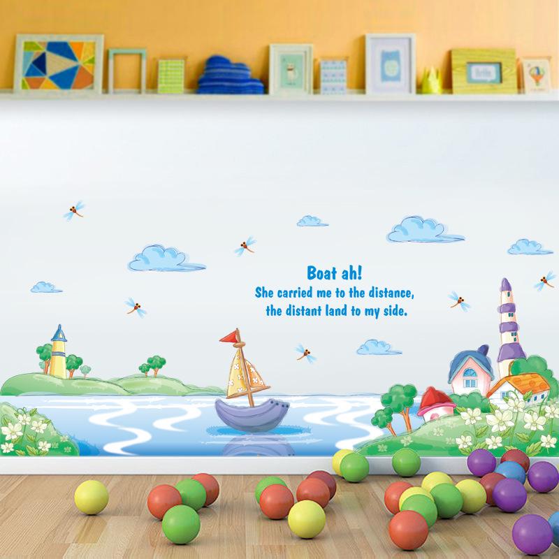 Waistline stickers baseboard bathroom ocean lake boat blue sea wallpaper