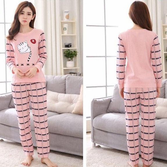 Women Spring and Autumn Cute Cartoon Cat Print Pajama Set Female Two-pieces Long Sleeve Sleepwear