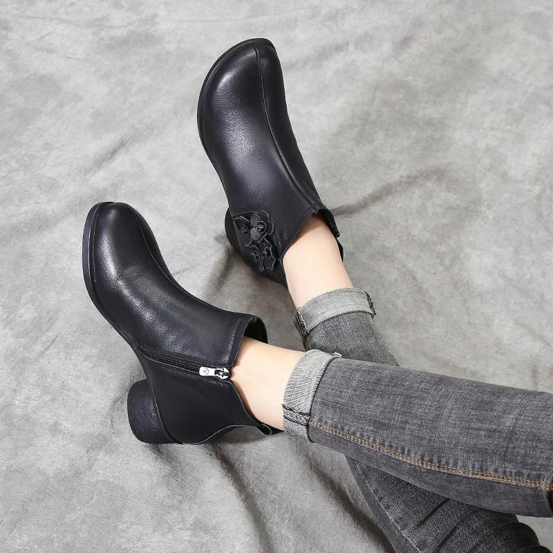 Women's Autumn and Winter Cowhide Plus Cashmere Martin Boots Waterproof Non-slip High Heels Out High Heel Ankle Boots Soft Mother Shoes